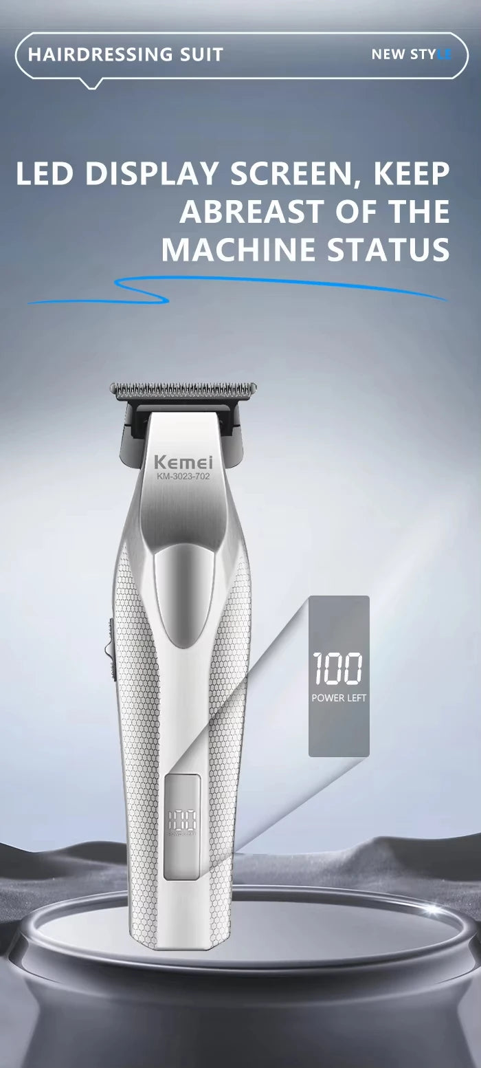 A silver Kenmei hair dressing suit trimmer standing on a round platform with a LED display screen.