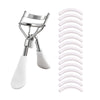 A professional stainless steel eyelash curler set showing the curler tool and a coil of white curler pads.