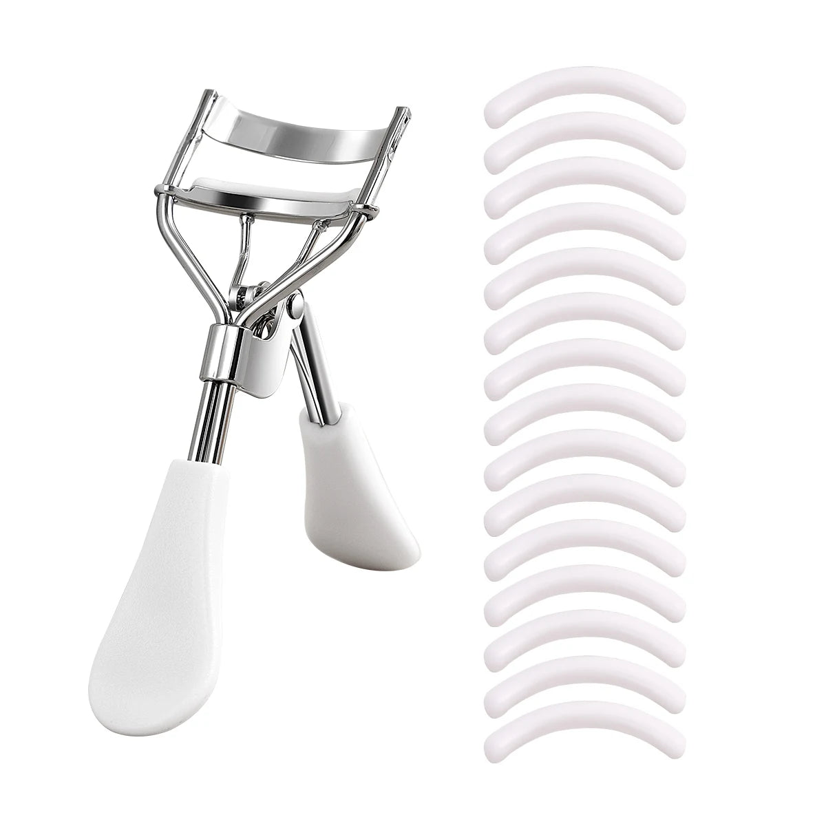 A professional stainless steel eyelash curler set showing the curler tool and a coil of white curler pads.