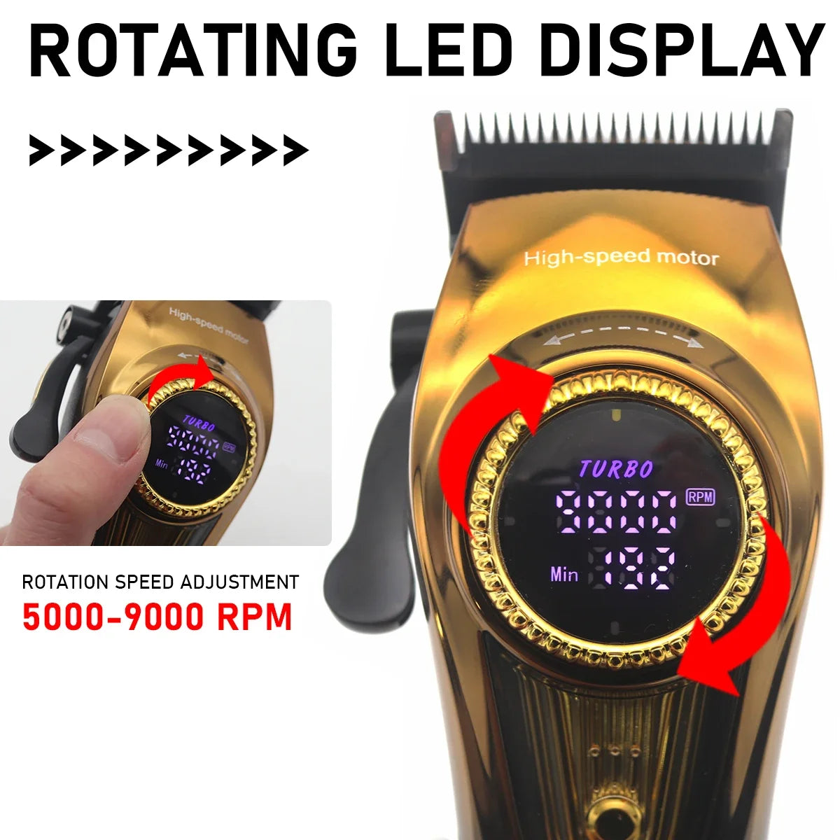 Close-up of a gold rotating led display on a cordless hair clipper showing rotation speed adjustment and turbo settings.