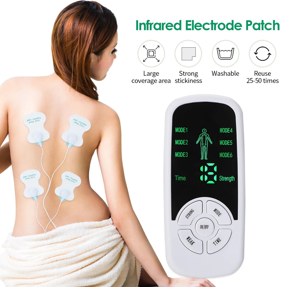 An infrared electrode patch device is shown being applied to a person's back for muscle massage.