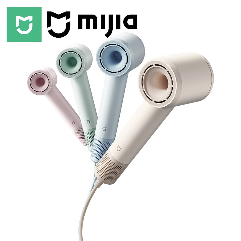 A collection of five professional high-speed hair dryers in various pastel colors and finishes.