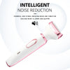 A pink and white electric body hair removal shaver is shown with text about intelligent noise reduction.