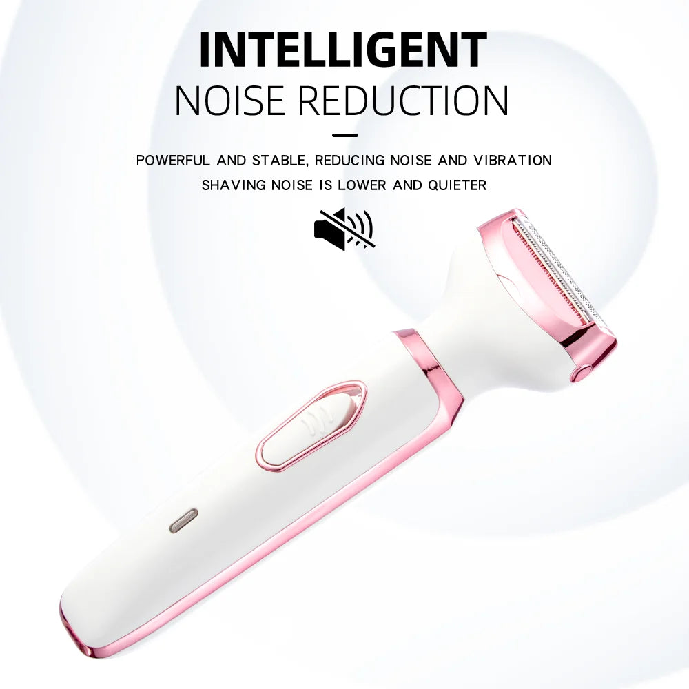 A pink and white electric body hair removal shaver is shown with text about intelligent noise reduction.