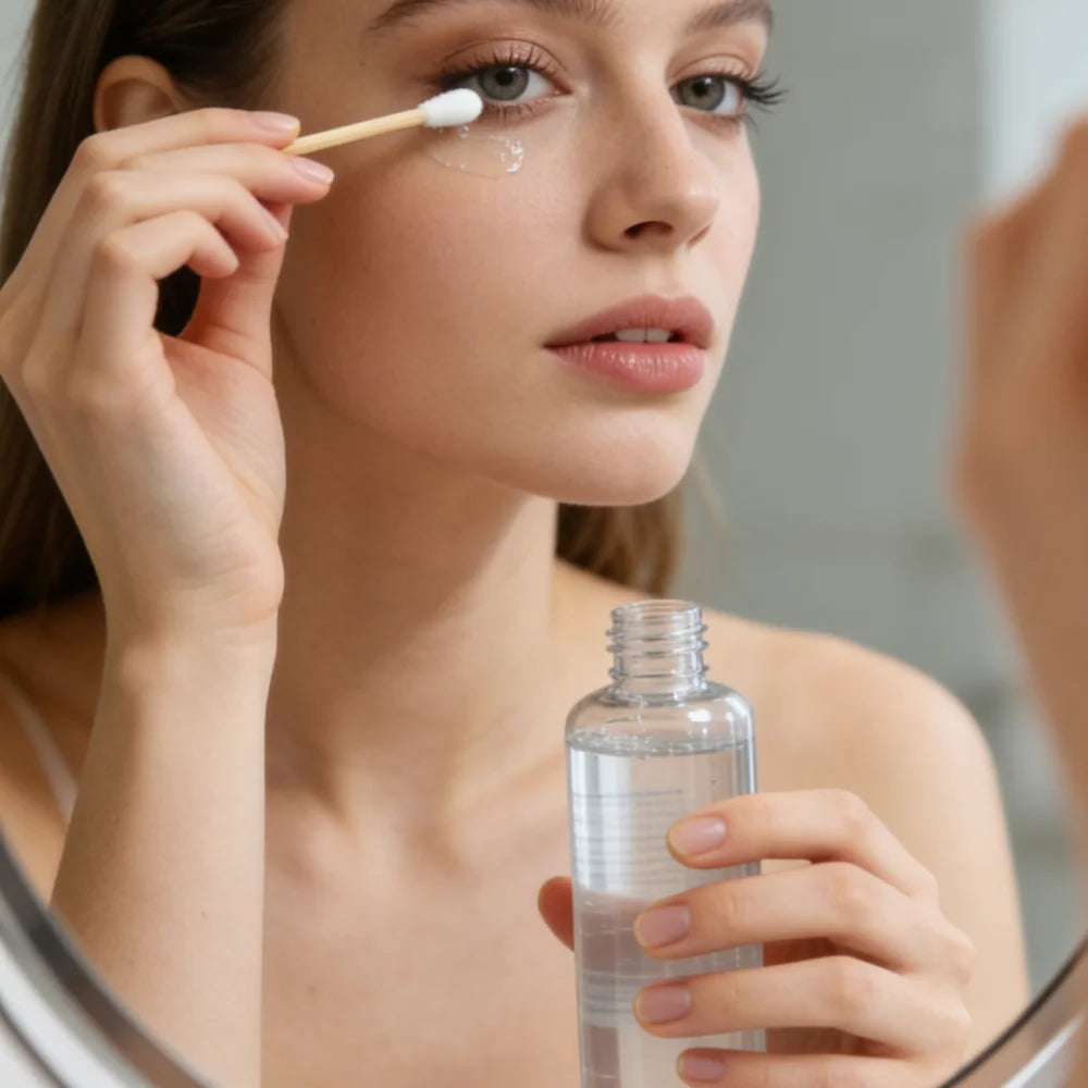 A woman applies a liquid product onto her face using a precision wooden cotton swab.