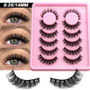 A pink tray of wispy cat eye false mink eyelashes with various styles and lengths shown alongside a close-up of applied lashe