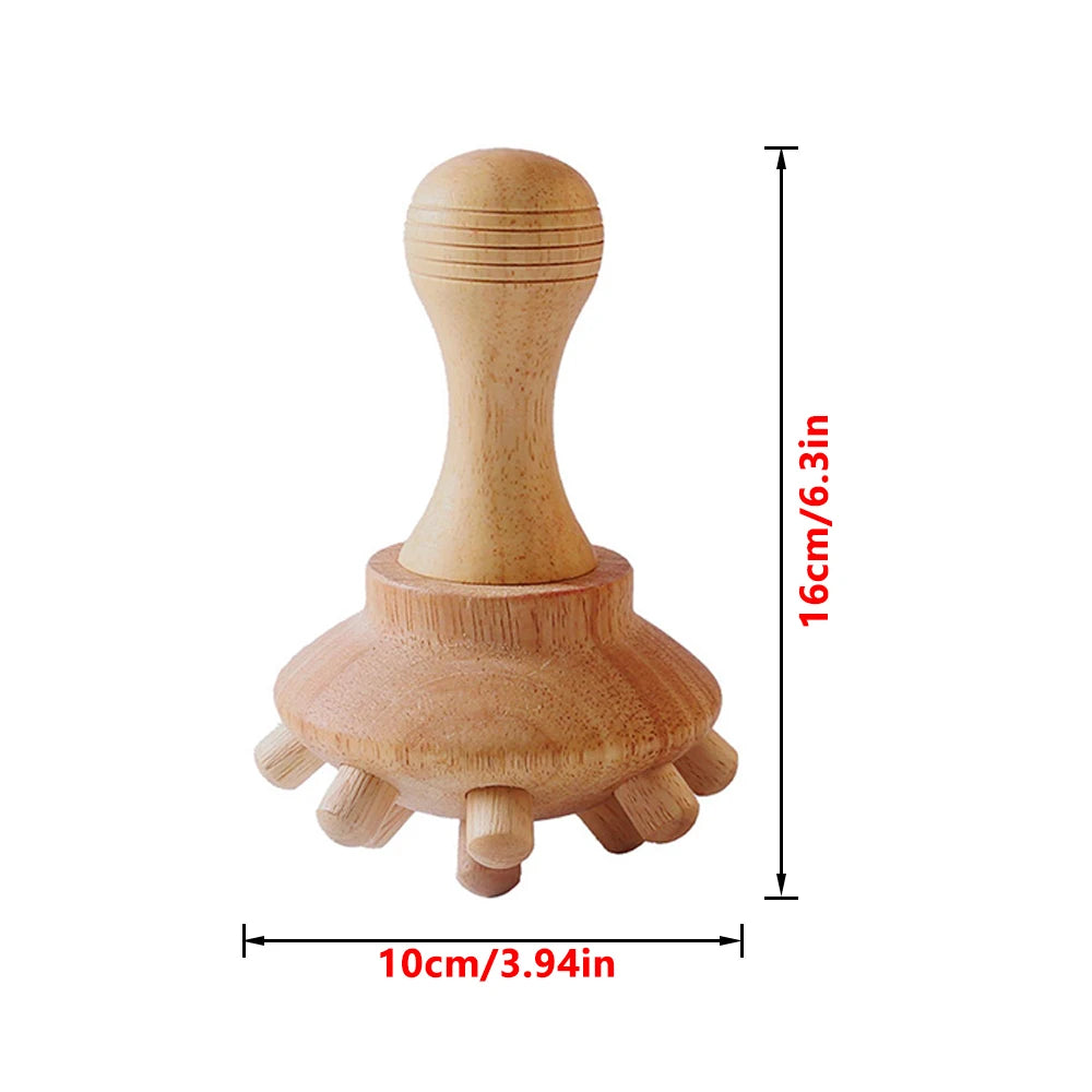 A natural wood gua sha roller with a handle and a base for facial massage.