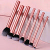 A set of ten professional makeup brushes with rose gold handles and black hair on a pink background.
