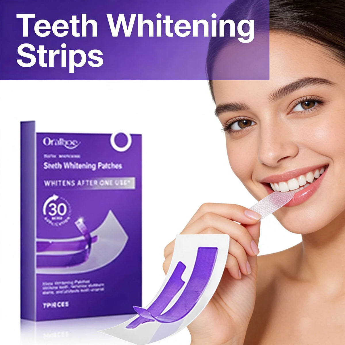 A woman is applying teeth whitening strips to her teeth, with the product packaging visible.
