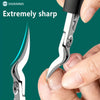 A hand holds a silver nail clipper, demonstrating its extremely sharp cutting edge on a toenail.