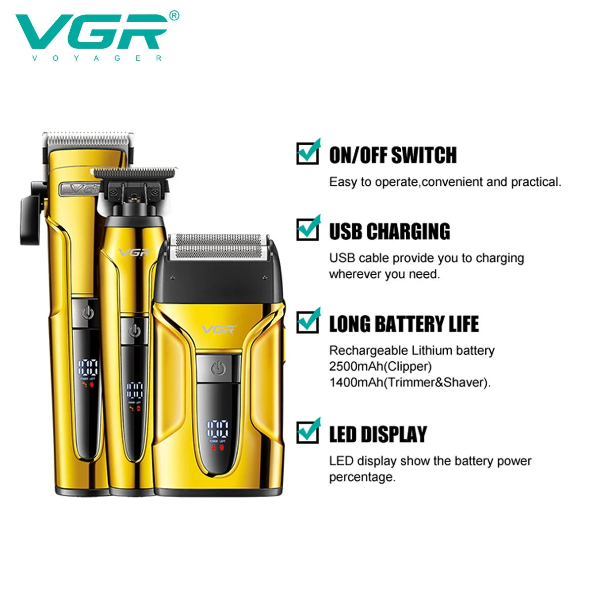 A set of yellow electric hair and beard trimmers with on/off switch, USB charging capability, long battery life, and LED disp