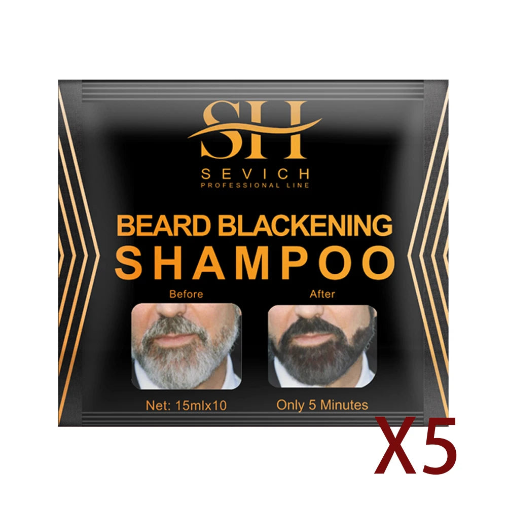Box of Sevich Beard Blackening Shampoo showing before and after results for beard darkening