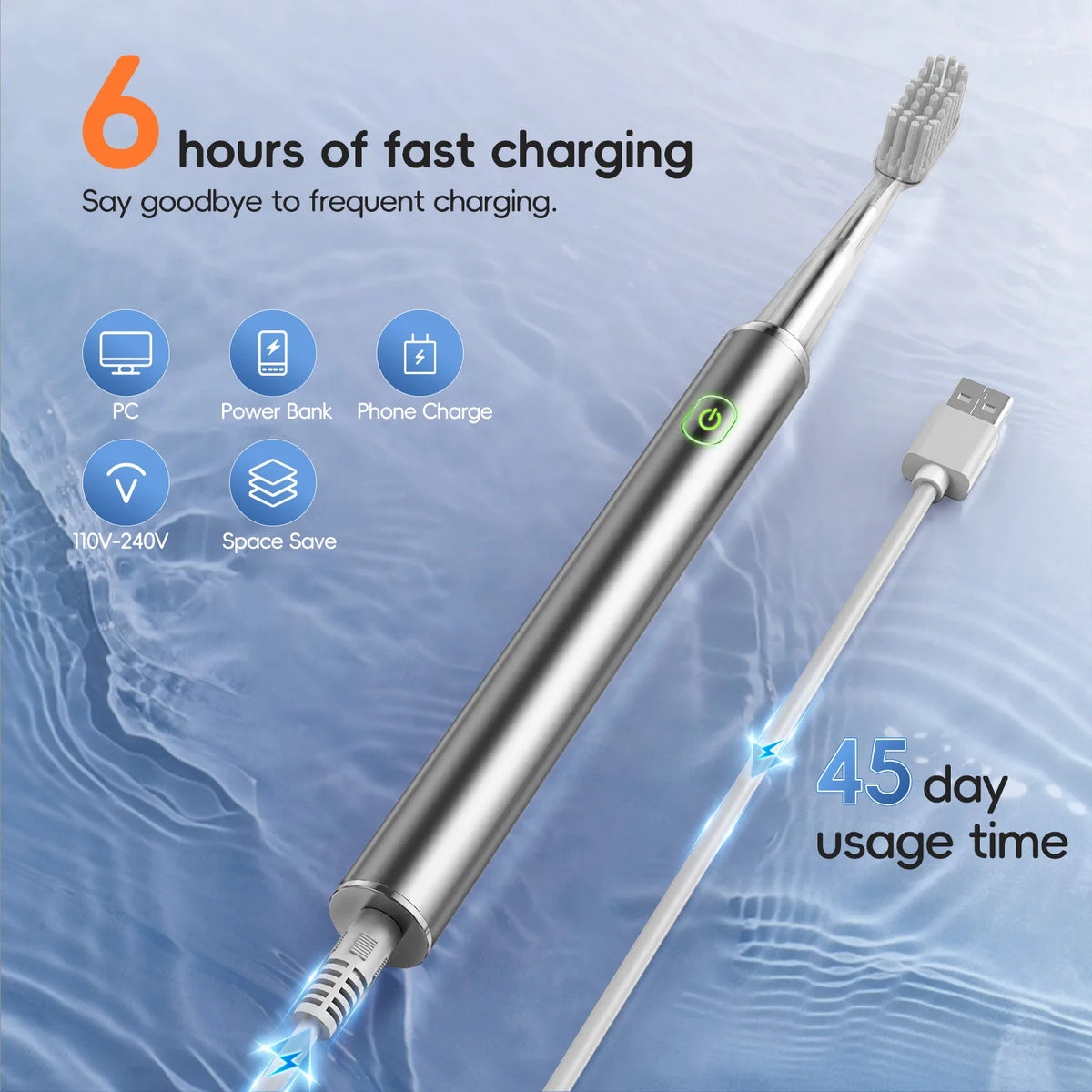Silver electric water flosser oral irrigator with a charging cable and usage time information