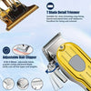 A yellow electric hair clipper with a T blade detail trimmer attachment and various guide combs.