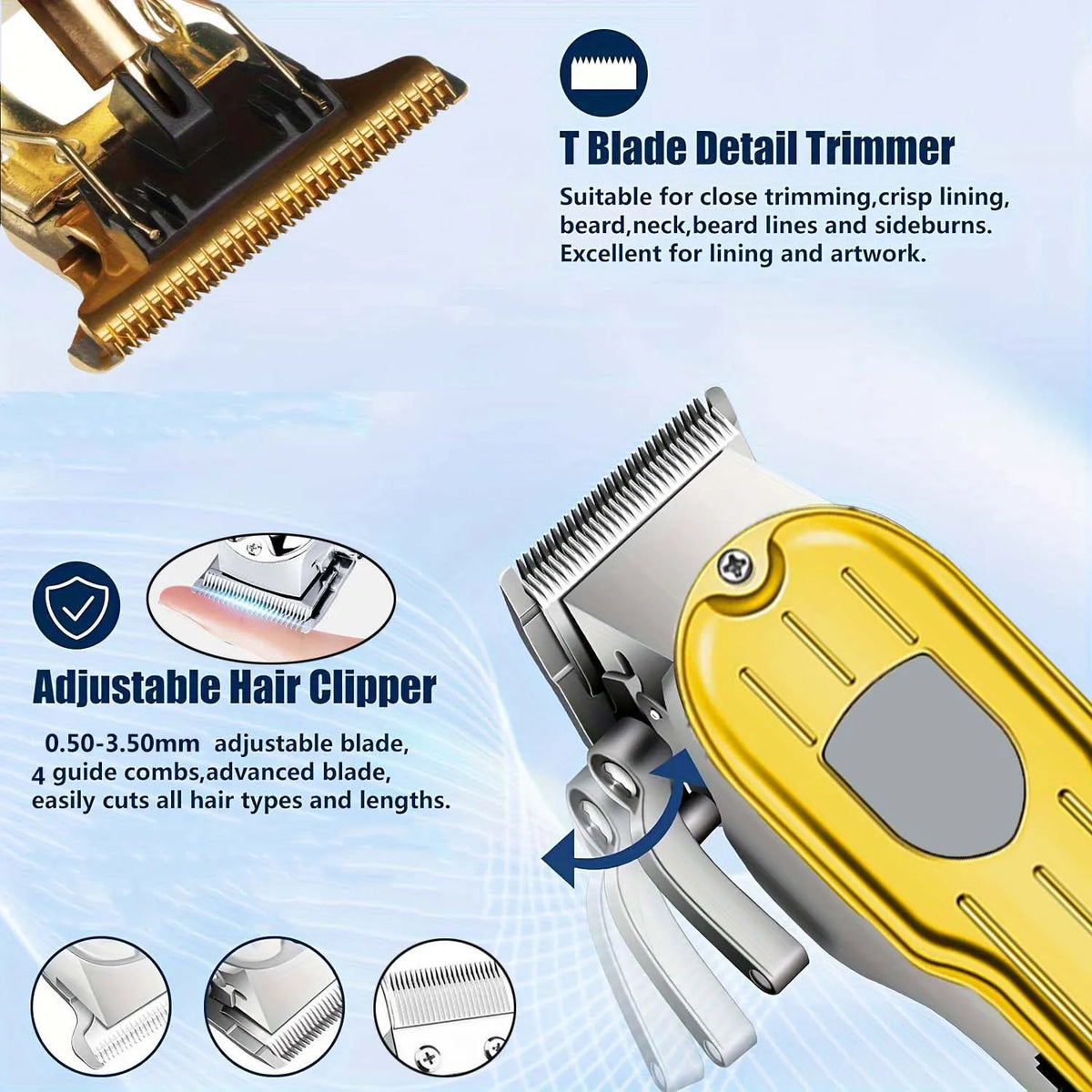A yellow electric hair clipper with a T blade detail trimmer attachment and various guide combs.