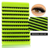 A set of bright lime green lash clusters for individual lash extensions, showing the product from multiple angles.