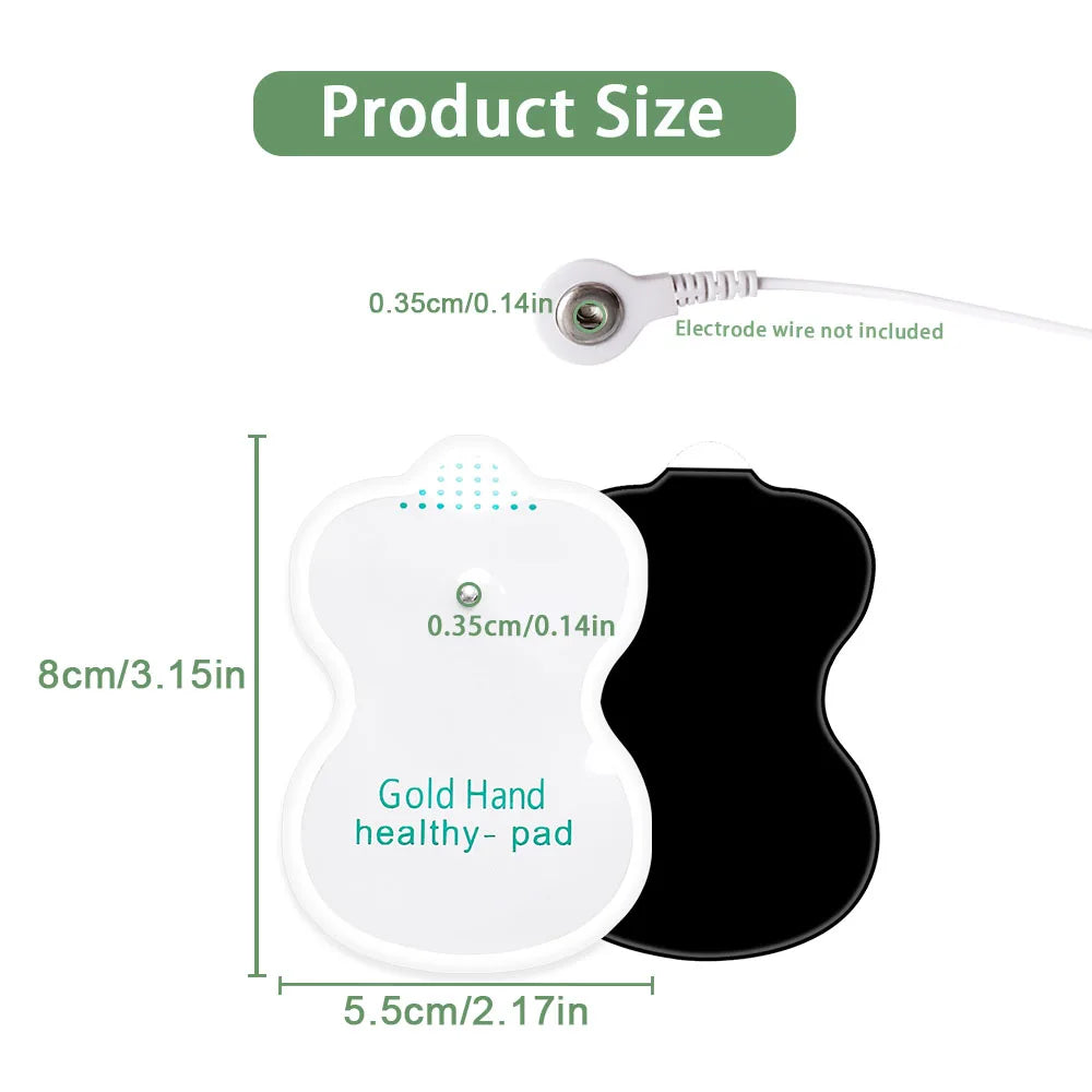 White electrode pads and a gold hand healthy pad with an electrode wire shown for muscle stimulation.