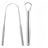 A stainless steel tongue scraper with a loop handle is shown against a white background.