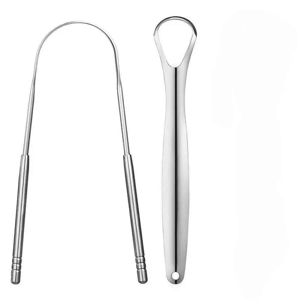 A stainless steel tongue scraper with a loop handle is shown against a white background.