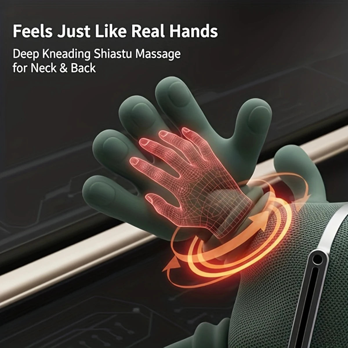 A hand wearing a green massager is shown applying deep kneading shiatsu massage to the neck and back area.