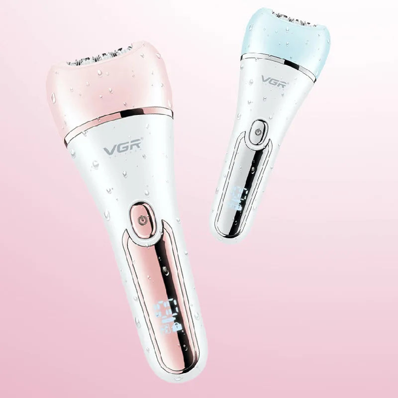 A close-up view of a VGR multi-functional electric body and facial epilator in pink and silver tones.