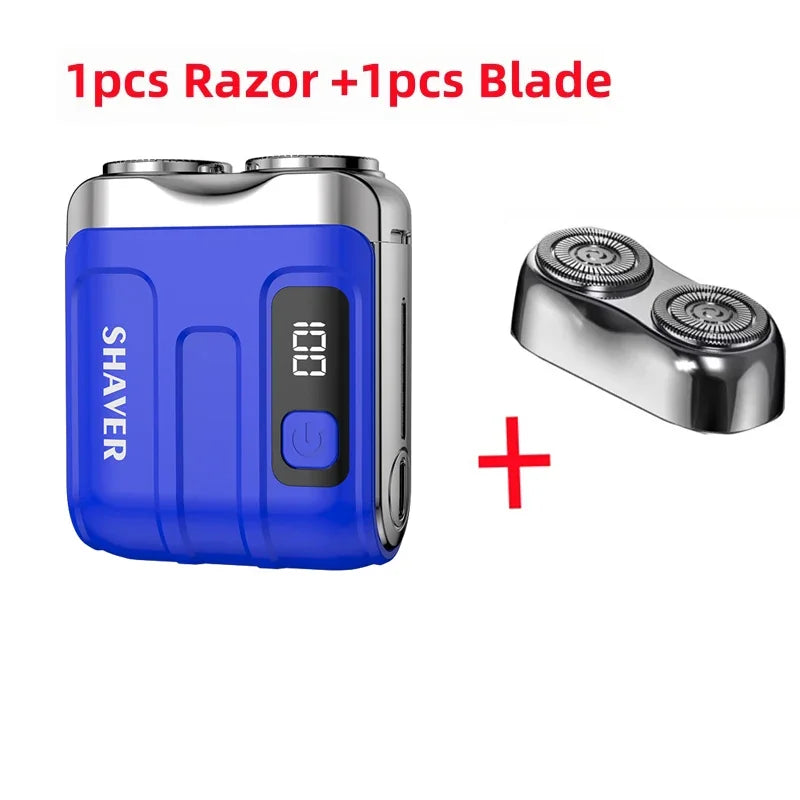 A blue electric shaver body and a separate blade are shown with a plus sign indicating the components.