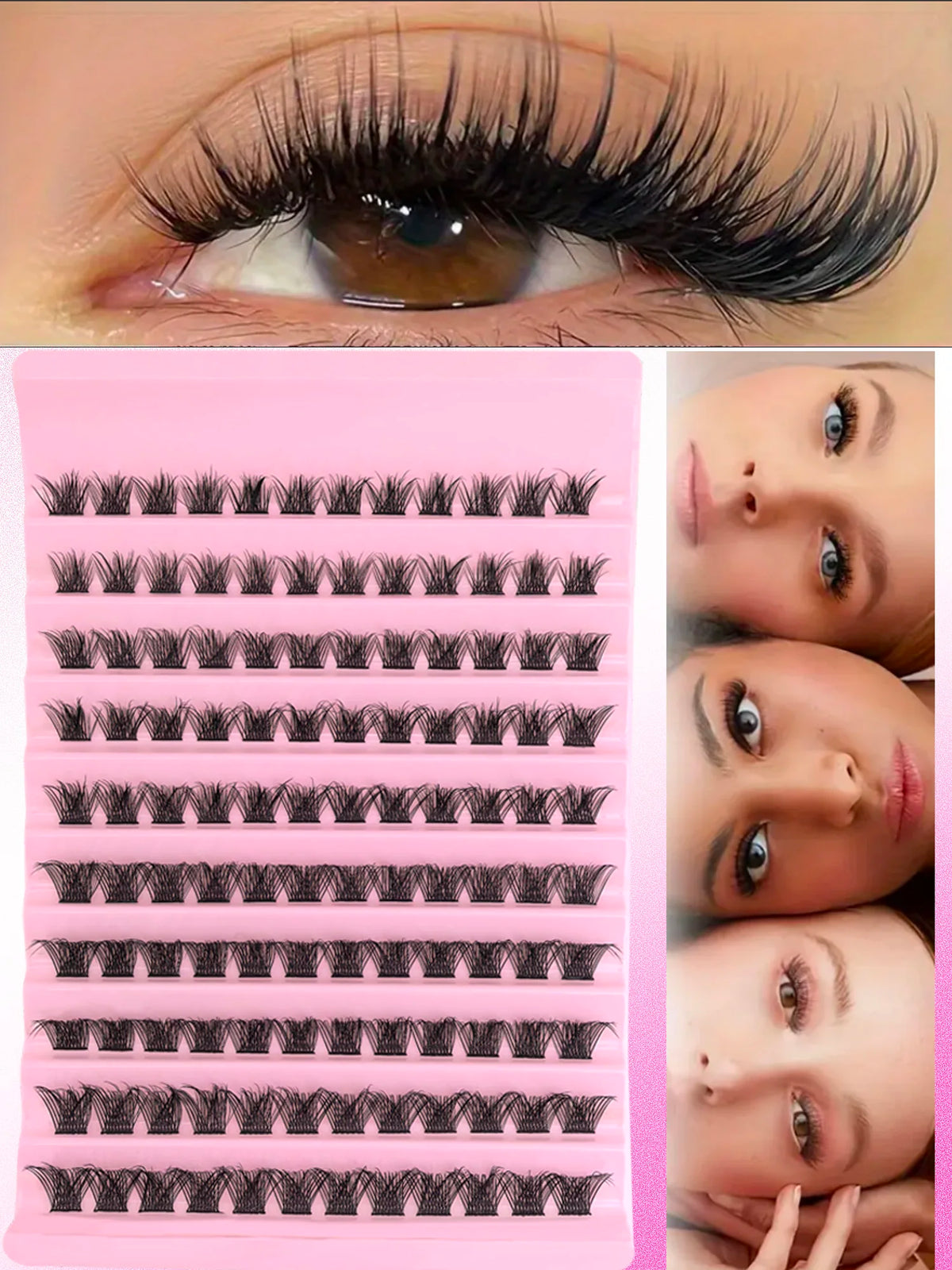 Un plateau en plastique rose présentant divers styles de extensions de cils naturels longs individuels.