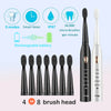 A set of ultrasonic electric toothbrushes with 8 brush heads, showing various modes and a rechargeable battery.