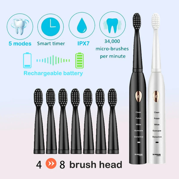 Un jeu de brosses à dents électriques ultrasoniques avec 8 têtes, montrant divers modes et une batterie rechargeable.