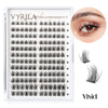 A white tray of black 3D wispy eyelash clusters for DIY extensions with a close-up eye detail.