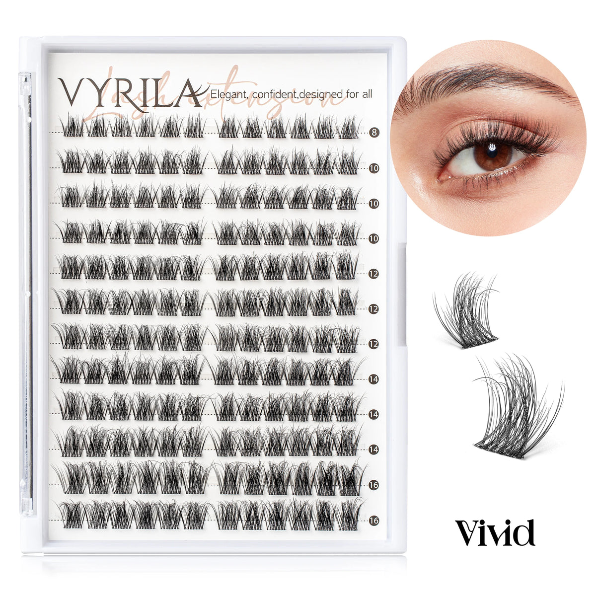 A white tray of black 3D wispy eyelash clusters for DIY extensions with a close-up eye detail.
