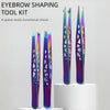 A set of four precision stainless steel eyebrow shaping tools displayed vertically on a white pedestal.