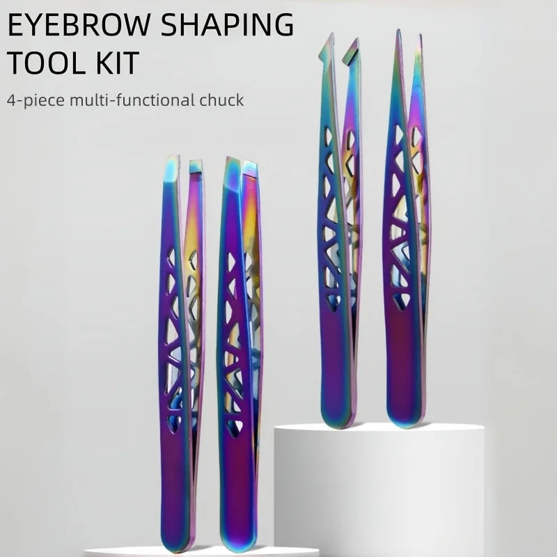 A set of four precision stainless steel eyebrow shaping tools displayed vertically on a white pedestal.