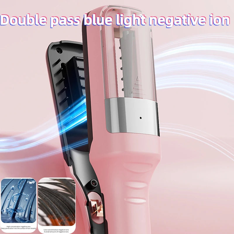 A pink automatic hair ends trimmer with a blue light negative ion feature, showing close-ups of the device and its function.