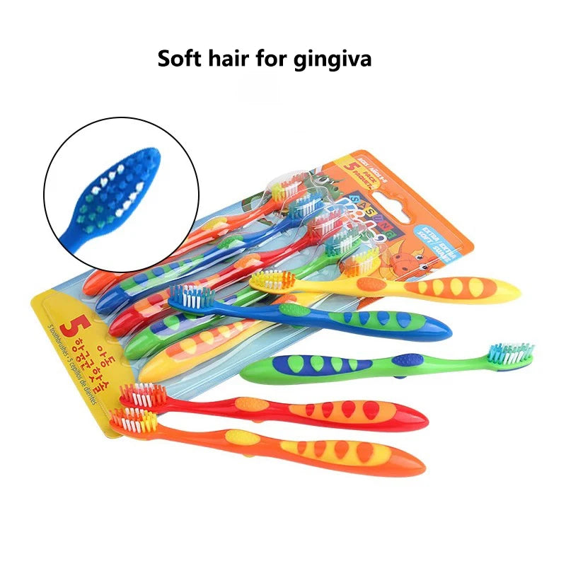 A set of five soft hair dental toothbrushes for gingiva, including various colors and shapes.