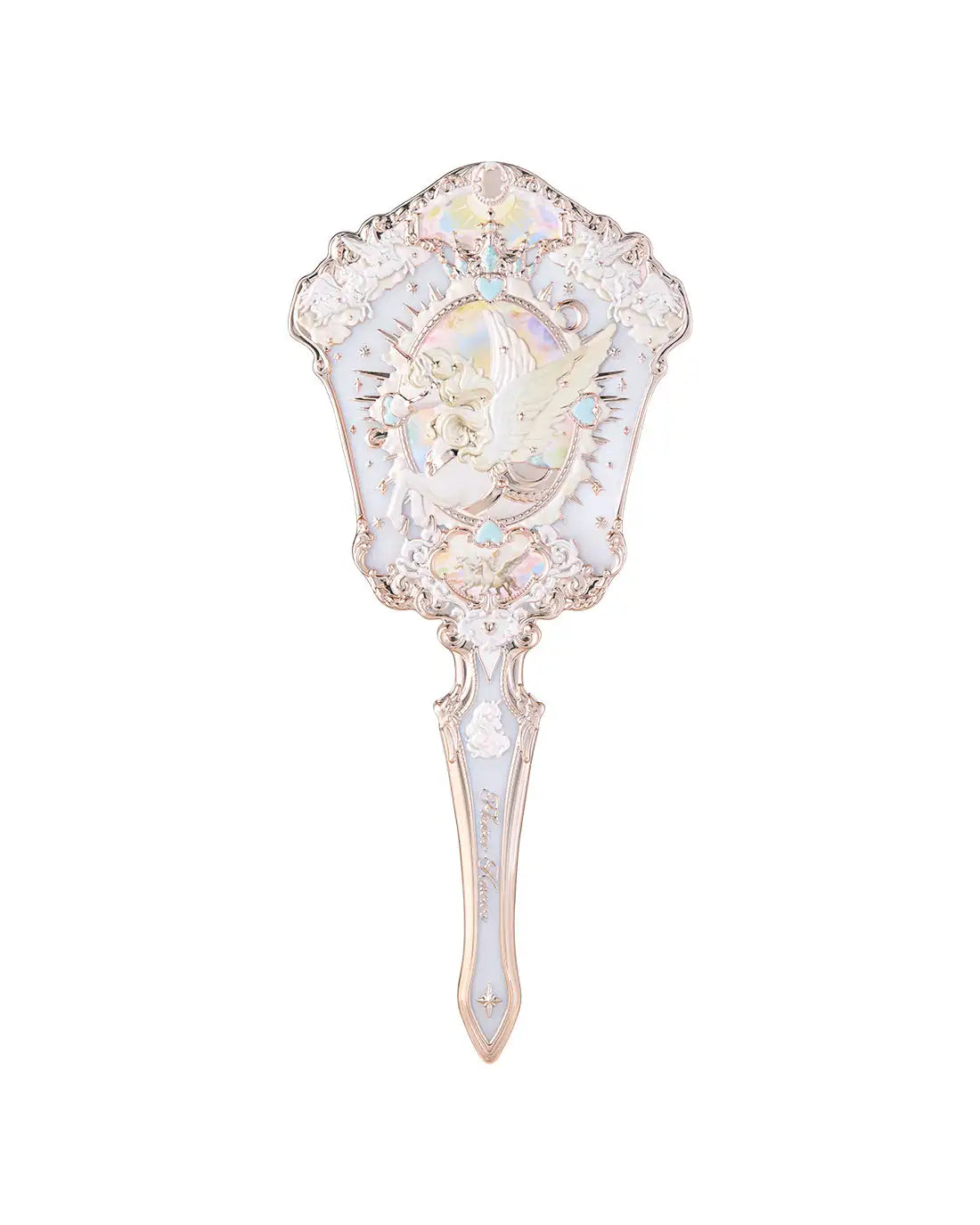 A vintage pearl hand mirror with an ornate frame and a depiction of a winged face.
