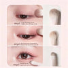 Three steps demonstrating how to apply eyeshadow using a blending brush, almond eyeshadow brush, and detail brush on the eye 
