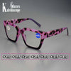Gafas de lectura cuadradas con estampado de leopardo morado y negro, mostradas sobre una superficie gris.