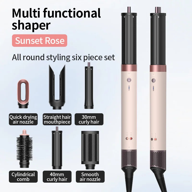 A set of six Sunset Rose multi functional hair shapers including straight, curly, and cylindrical combs.