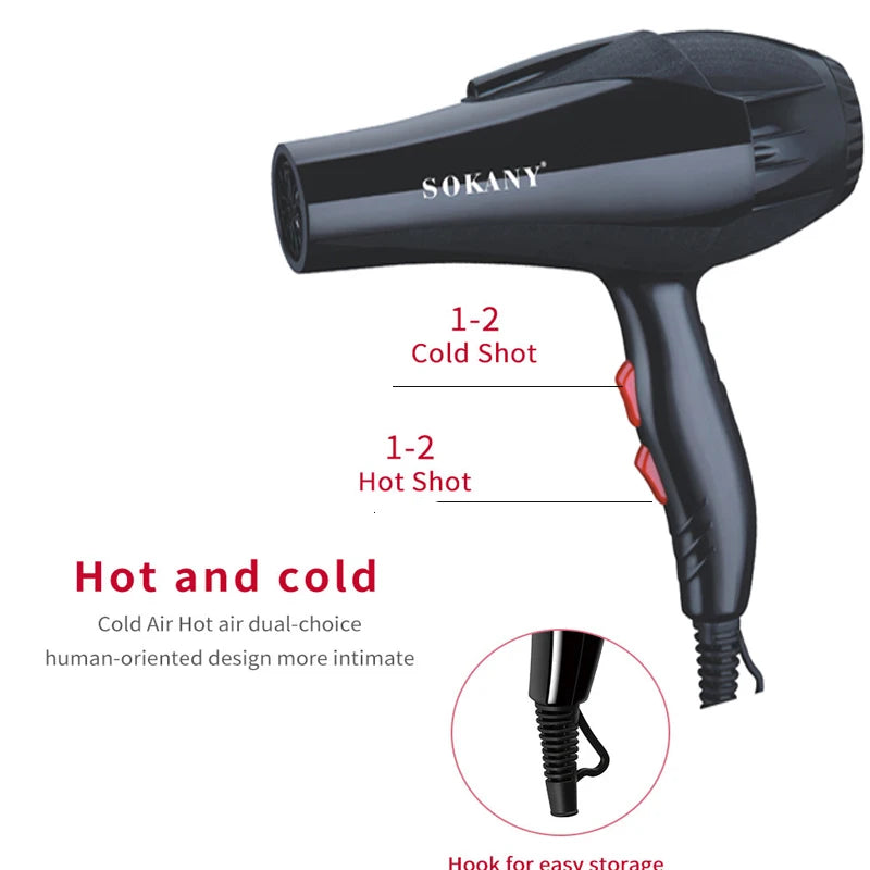 Black Sokany hair dryer with a heat shot feature and hook for storage
