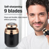 A man is holding a black electric shaver with a gold accent, demonstrating its self-sharpening 9 blades.