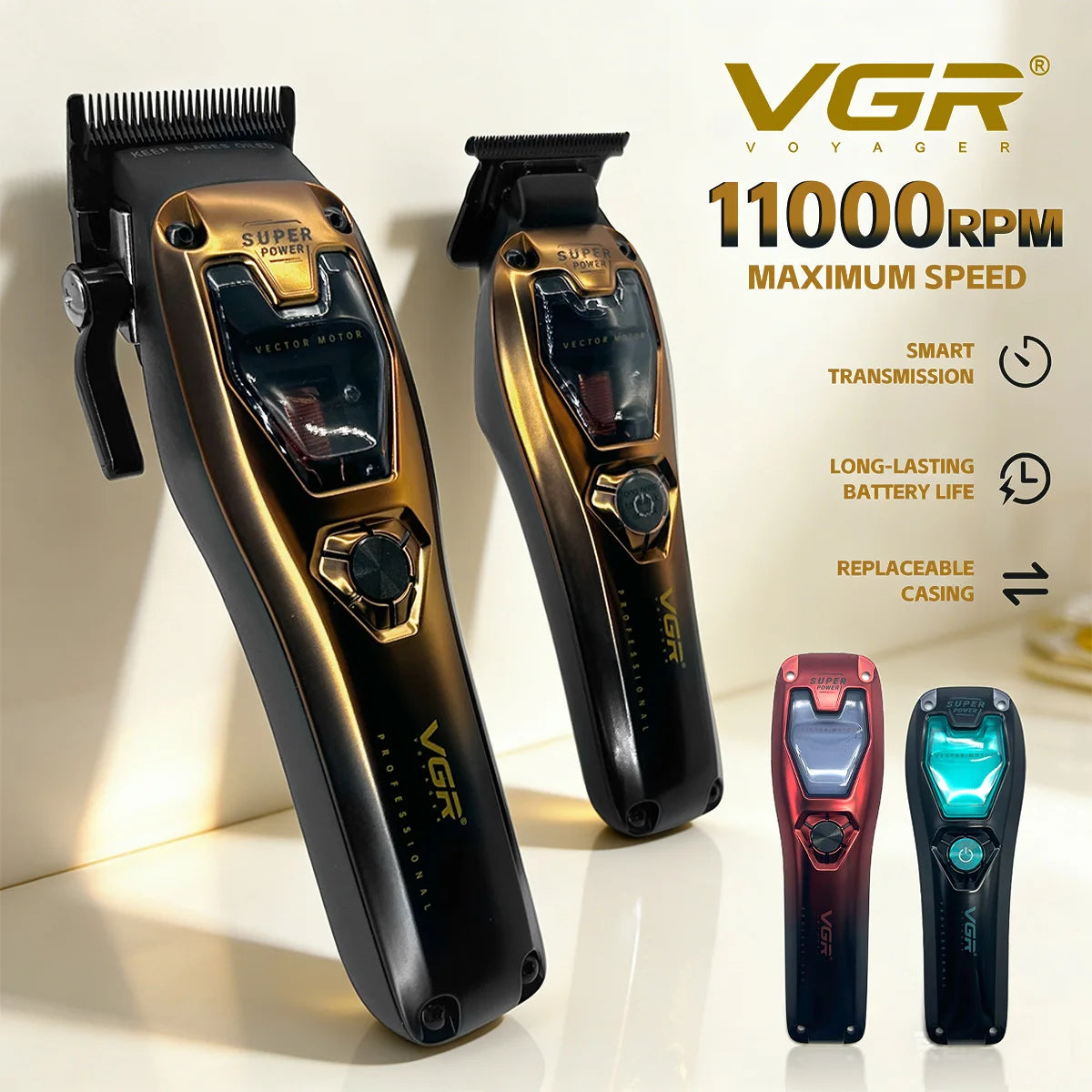 A VGR Voyager electric hair clipper trimmer shown with its disassembled components and battery.