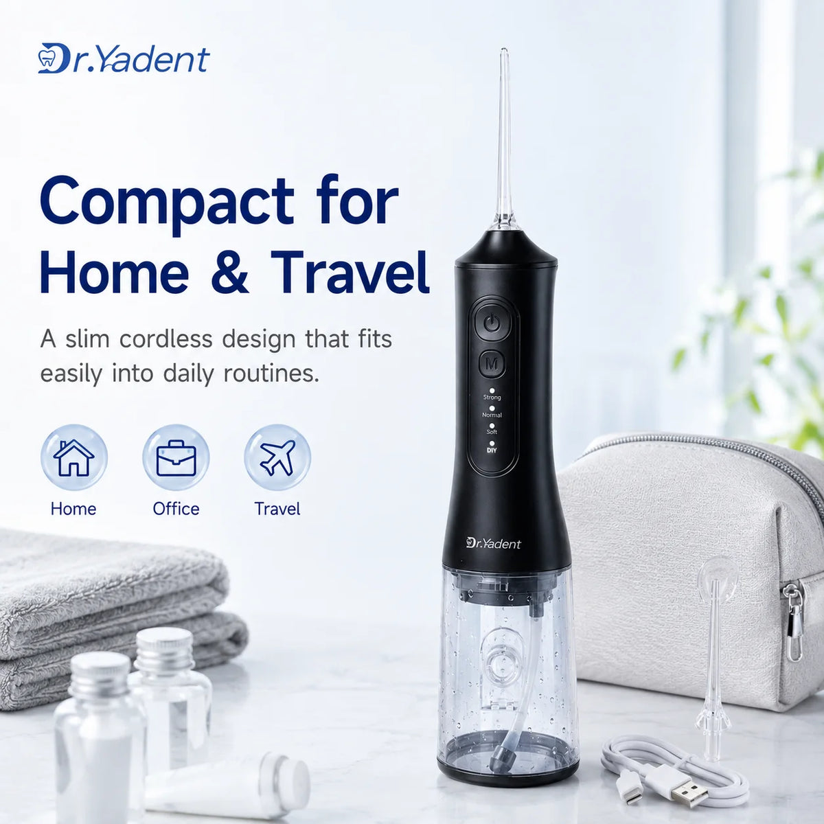 A black high-pressure oral irrigator flosser is shown next to a white zippered case and various dental products.