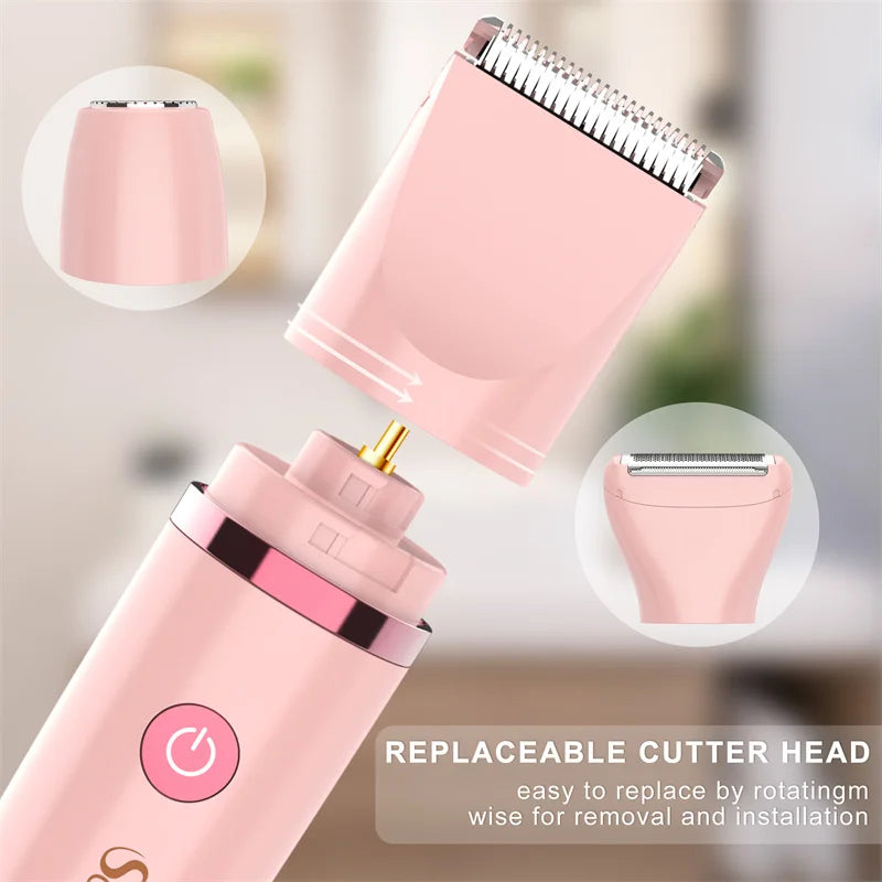 Pink reusable electric hair remover device with a replaceable cutter head shown in various angles