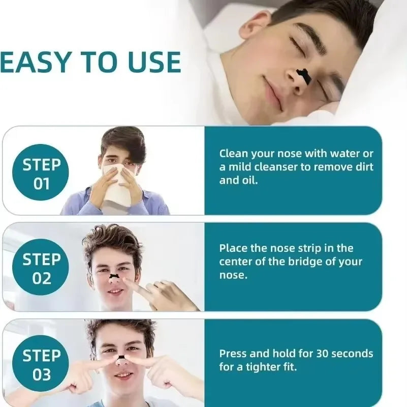 Instructions for using extra strength anti-snoring nasal strips in three steps