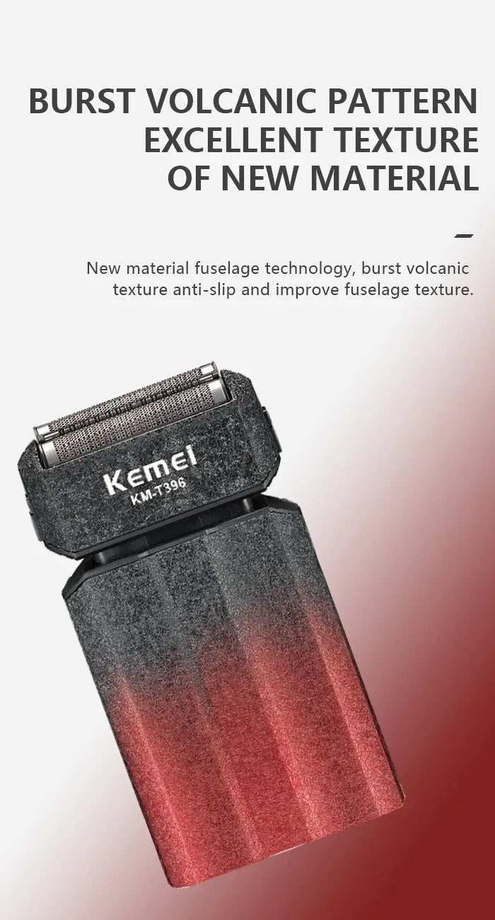 A close-up of a Kemel KM-T396 cordless electric foil shaver with a textured, gradient finish.