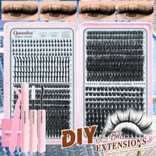 Set für DIY Wimpernverlängerungen mit verschiedenen Stilen und Werkzeugen wie Pinzetten und Klebstoff