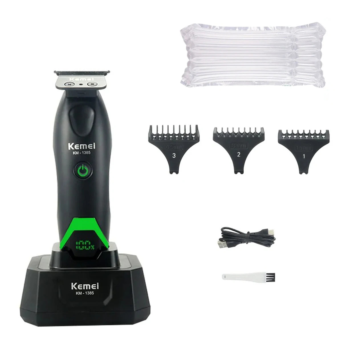 A black electric hair clipper trimmer with an LED display and various attachments including combs and a blade.