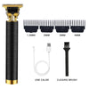 A professional cordless electric hair clipper with a gold body, black brush, and USB cable.