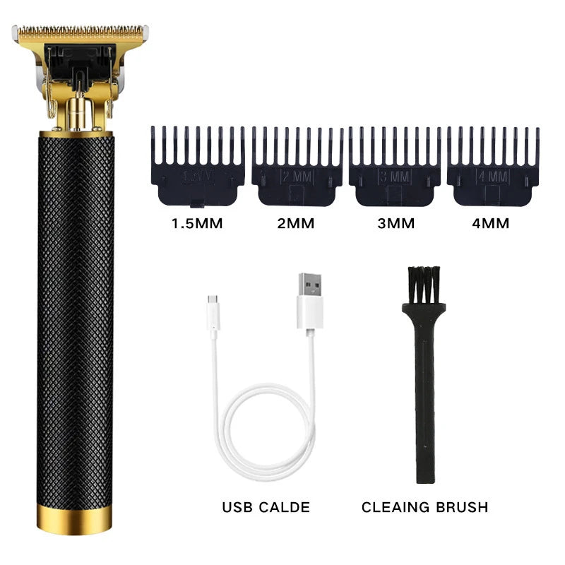 A professional cordless electric hair clipper with a gold body, black brush, and USB cable.